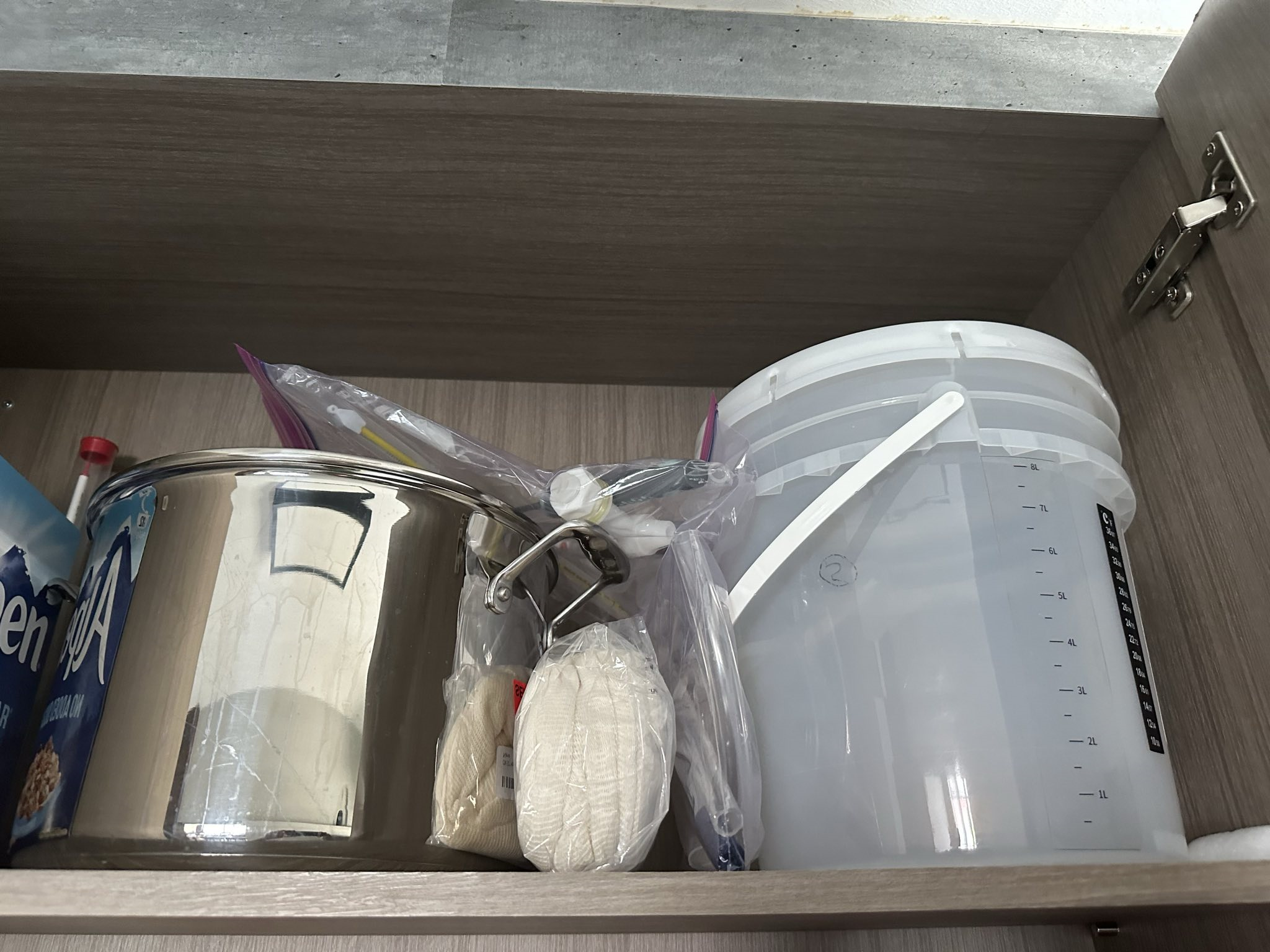 My homebrew stock pot and buckets in my kitchen cupboard