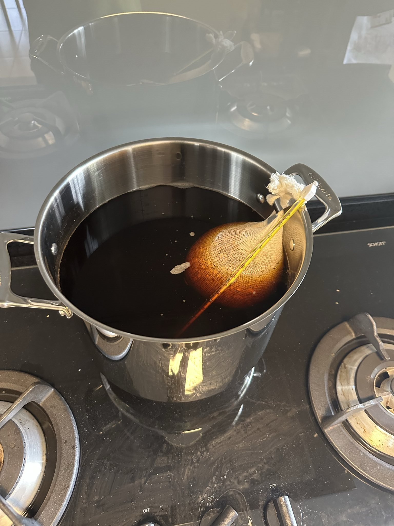 A stock pot with malts being steeped in brown water and a thermometer