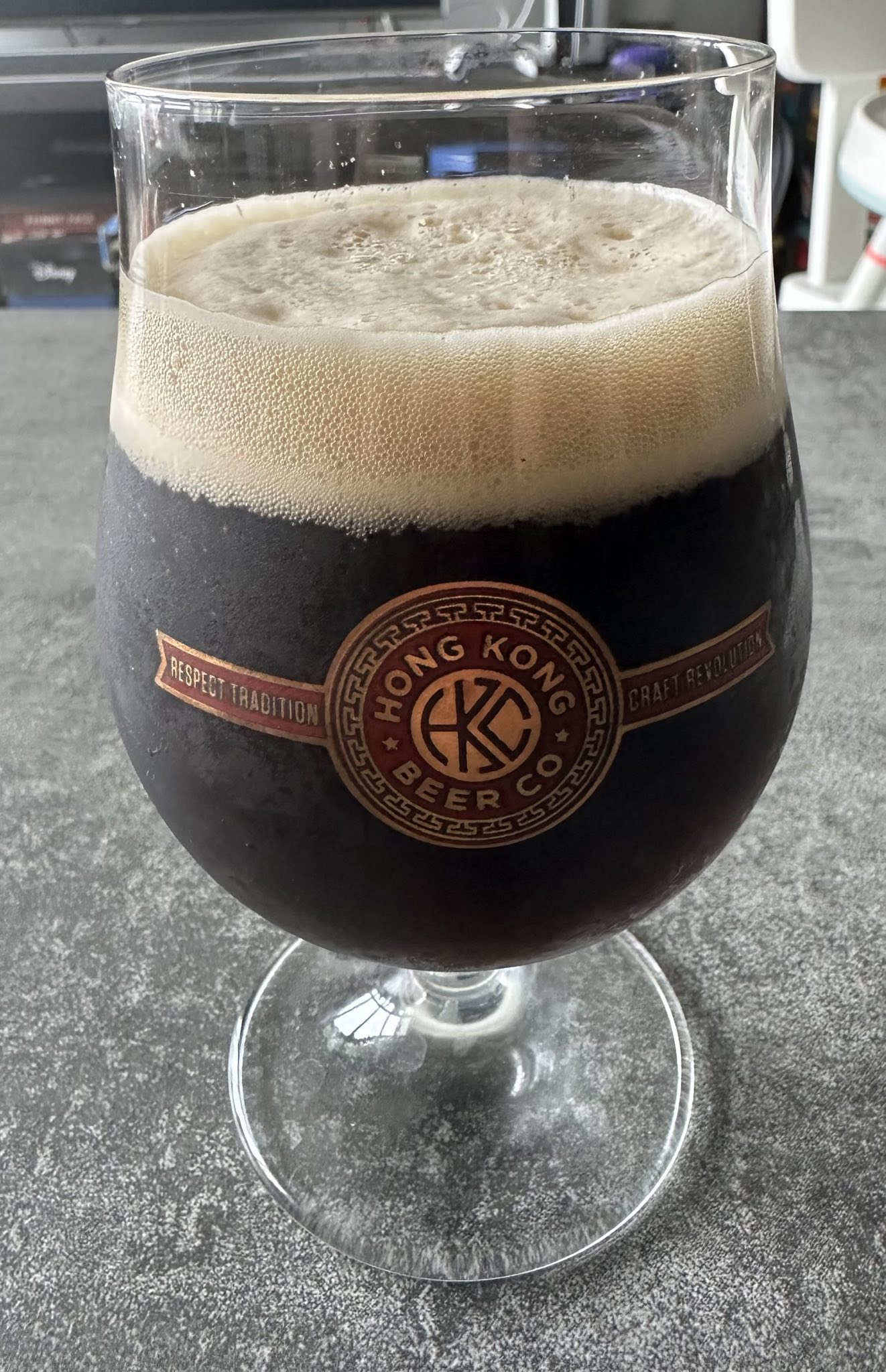 A dark black IPA in a Hong Kong Beer Co tulip glass