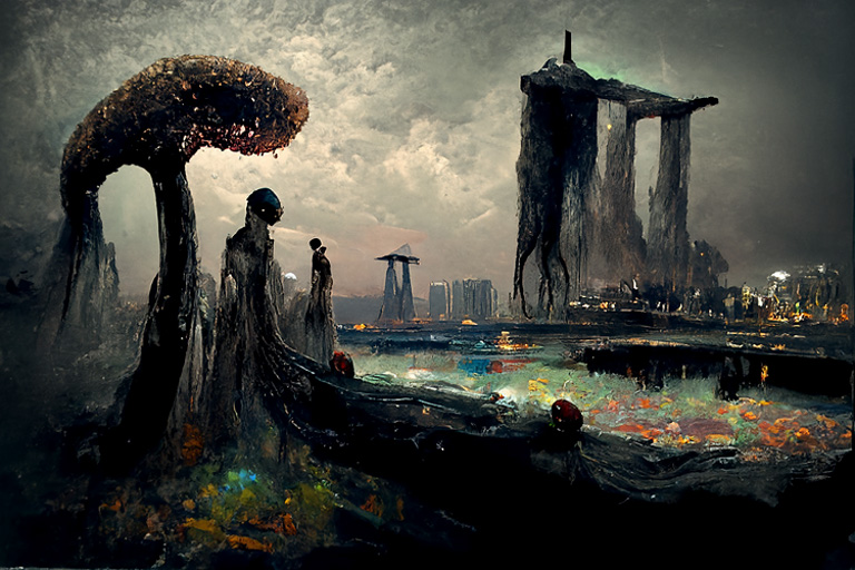 Deep Ones rising in Marina Bay, Singapore in the style of H. P. Lovecraft, generated using Disco Diffusion