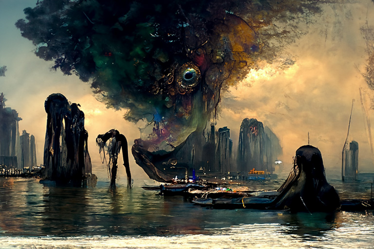 A giant eye and Deep Ones in Marina Bay, Singapore in the style of H. P. Lovecraft, generated using Disco Diffusion