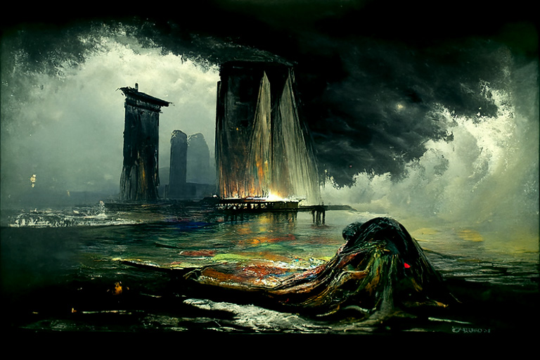 Cthulhu rising in Marina Bay, Singapore in the style of H. P. Lovecraft, generated using Disco Diffusion